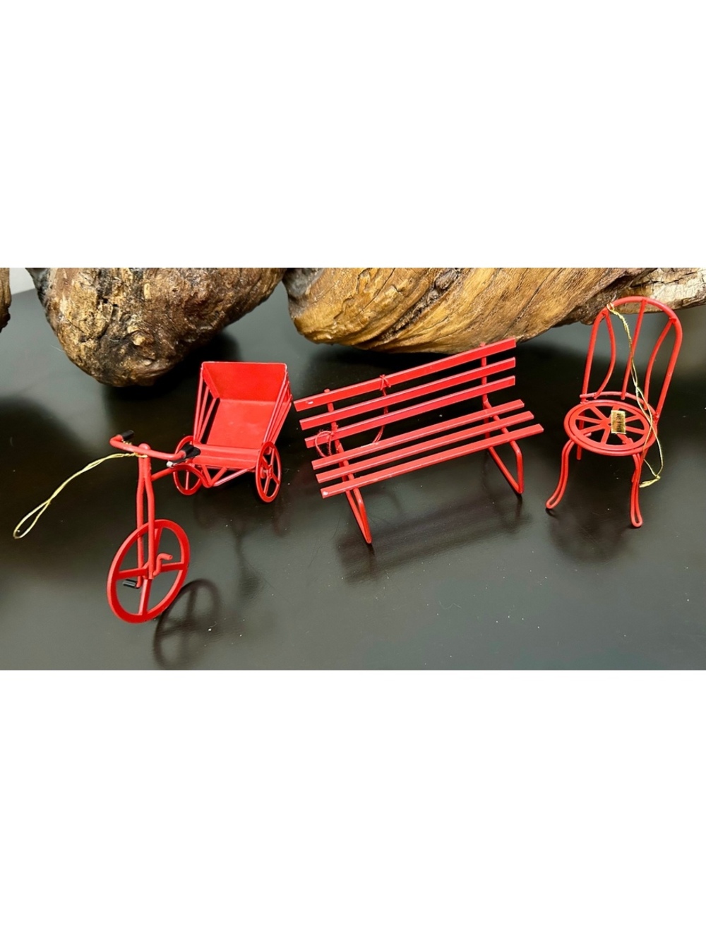 Vintage Morgan Import Taiwan Red Metal Christmas Ornament Set 3 Bike Bench Chair